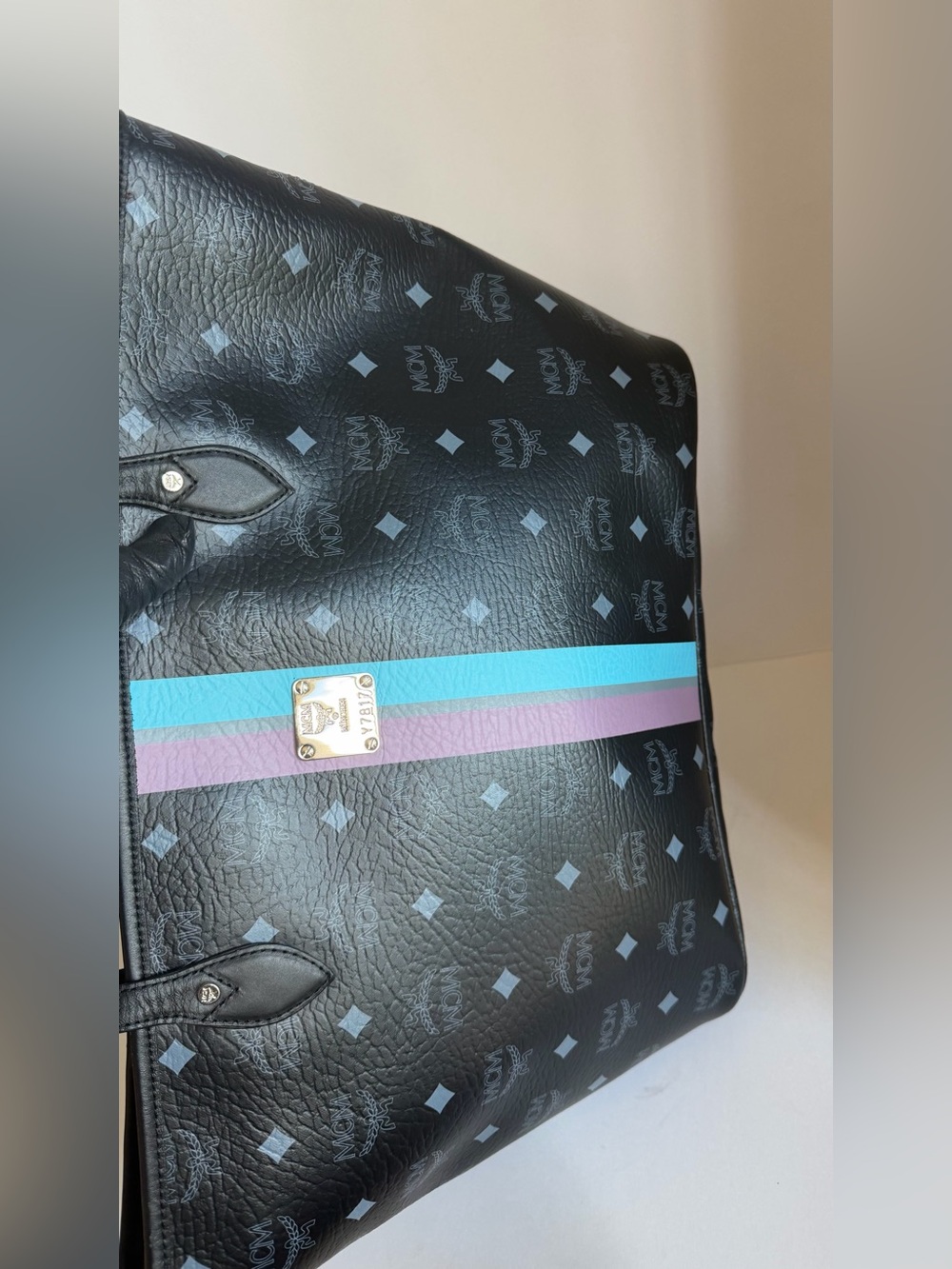 MCM Black Logo Stripe Tote with Purple and Aqua Accents - Picture 7 of 13